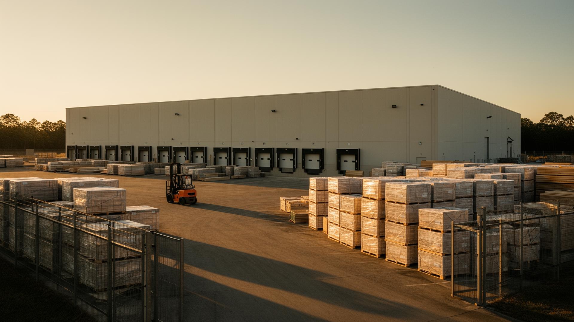 Industrial outdoor storage yard with warehouse and exterior material storage